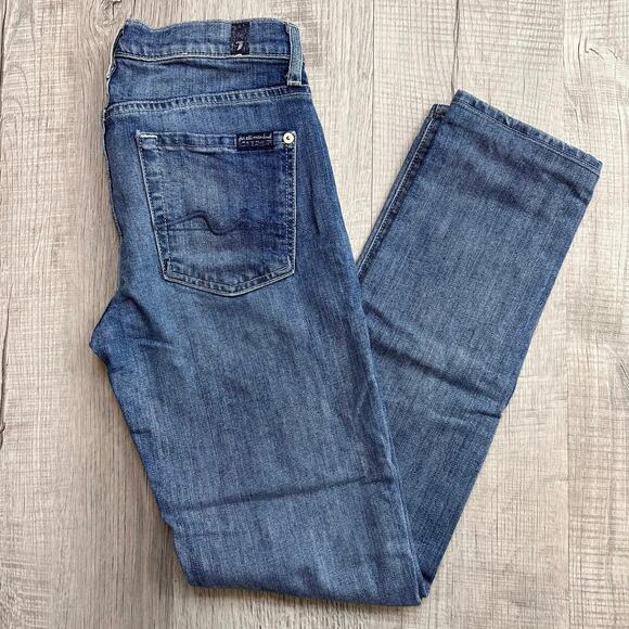 7 For All Mankind Medium Wash Skinny Jeans WMNS 27 Blue Denim Low Rise Pants no - Picture 2 of 9
